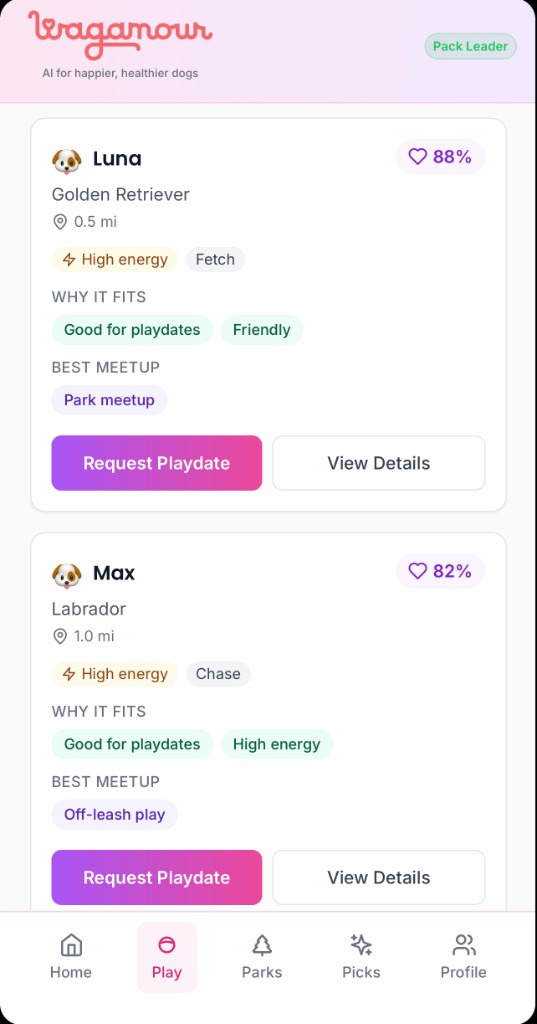 Wagamour Play: dog profiles with compatibility percentage and request playdate