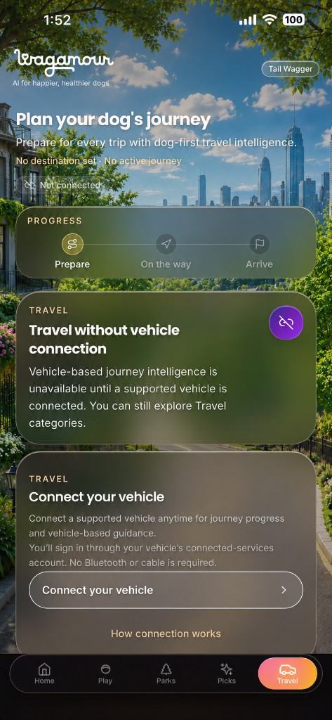 Wagamour Travel showing dog-first journey planning, Prepare, On the way and Arrive stages, and supported vehicle connection.