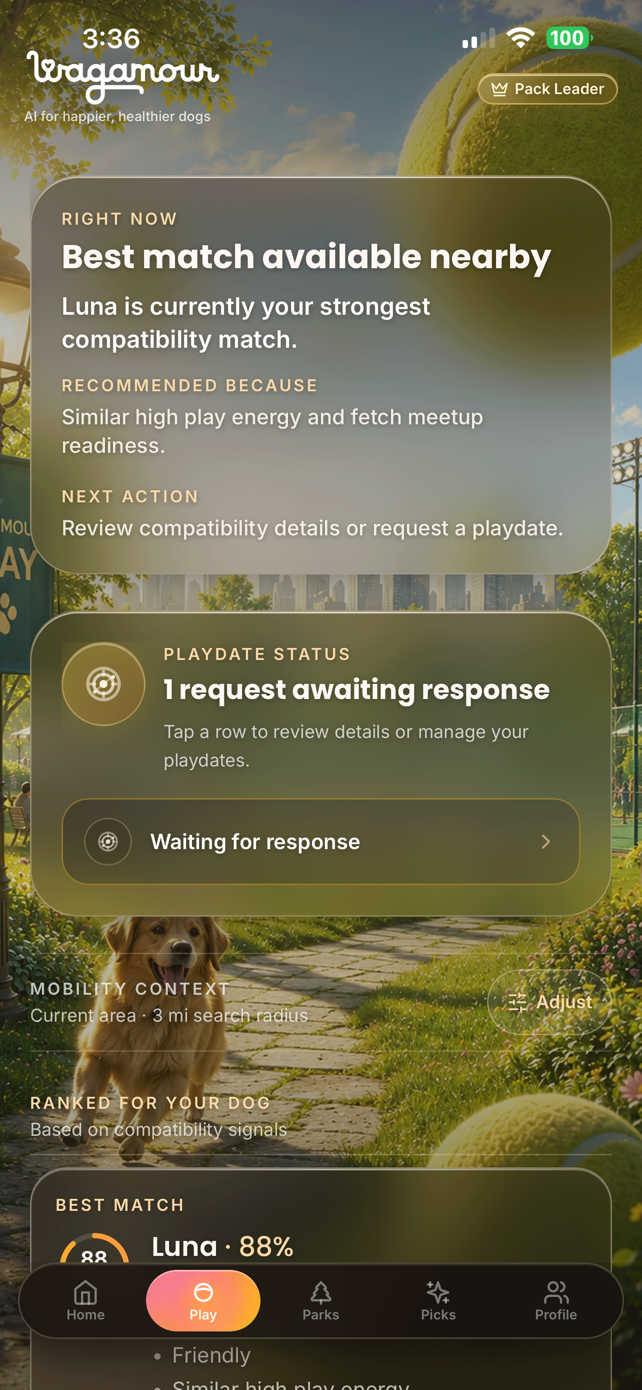 Wagamour Play: dog profiles with compatibility percentage and request playdate
